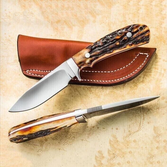 Custom handmade D2 steel Skinner knife - Stag horn handle with leather sheath