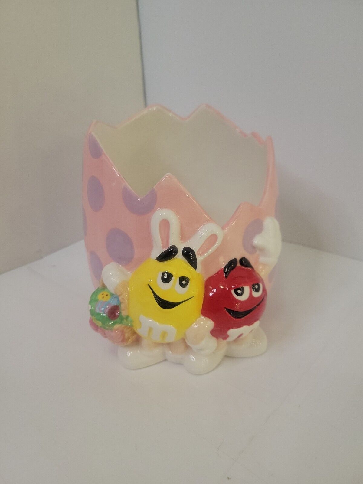 M&M Pink Easter Egg Candy Dish Planter Jar Mars Ceramic Red & Yellow M&Ms Collec