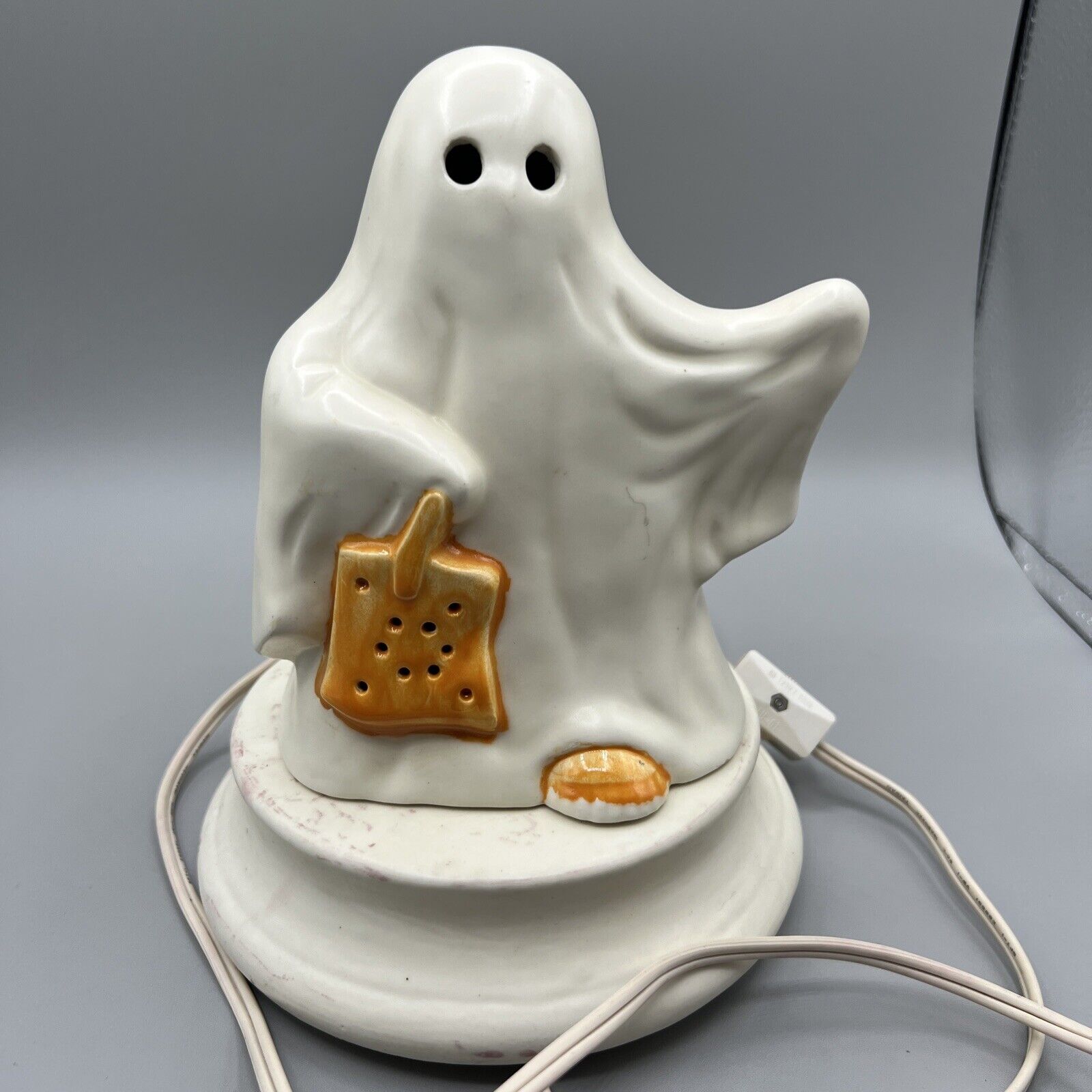 Vintage 1980s Halloween Ceramic Ghost with Bag Light Figure Unmarked Scuffed