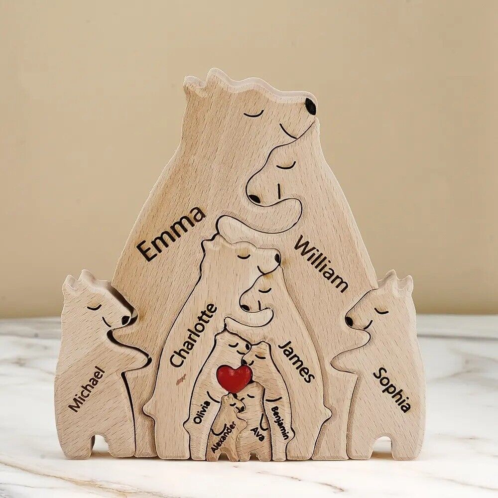 Personalized family puzzle with wooden bear, personalized name, home decoration