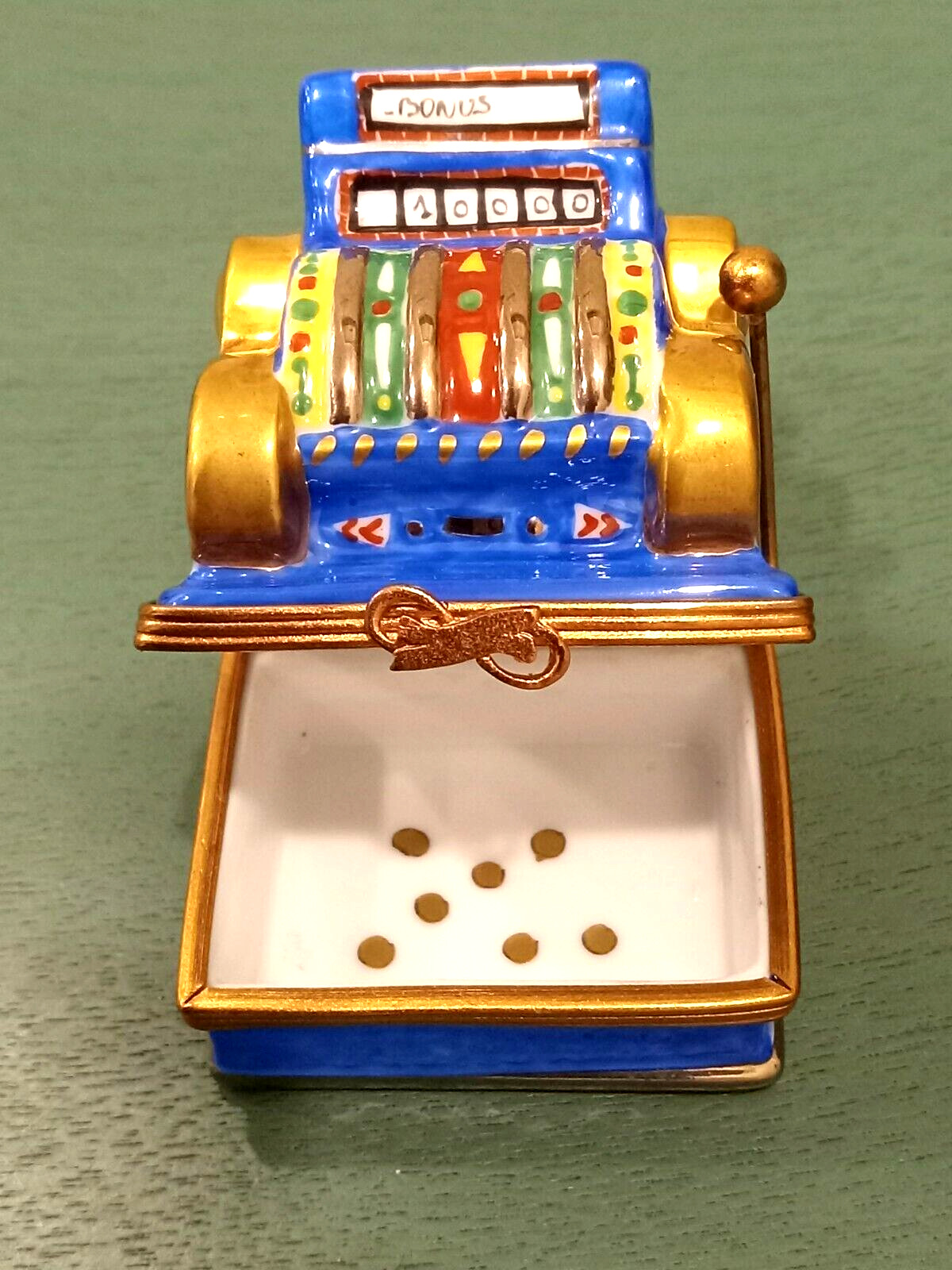 Limoges France Trinket Box Hinged Slot Machine Blue Hand Painted