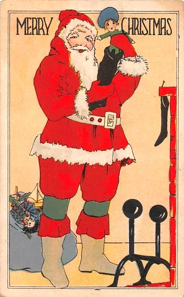 Colorful~Art Deco~Red Robe Santa Claus Toys~Doll~Vintage Christmas Postcard-K270