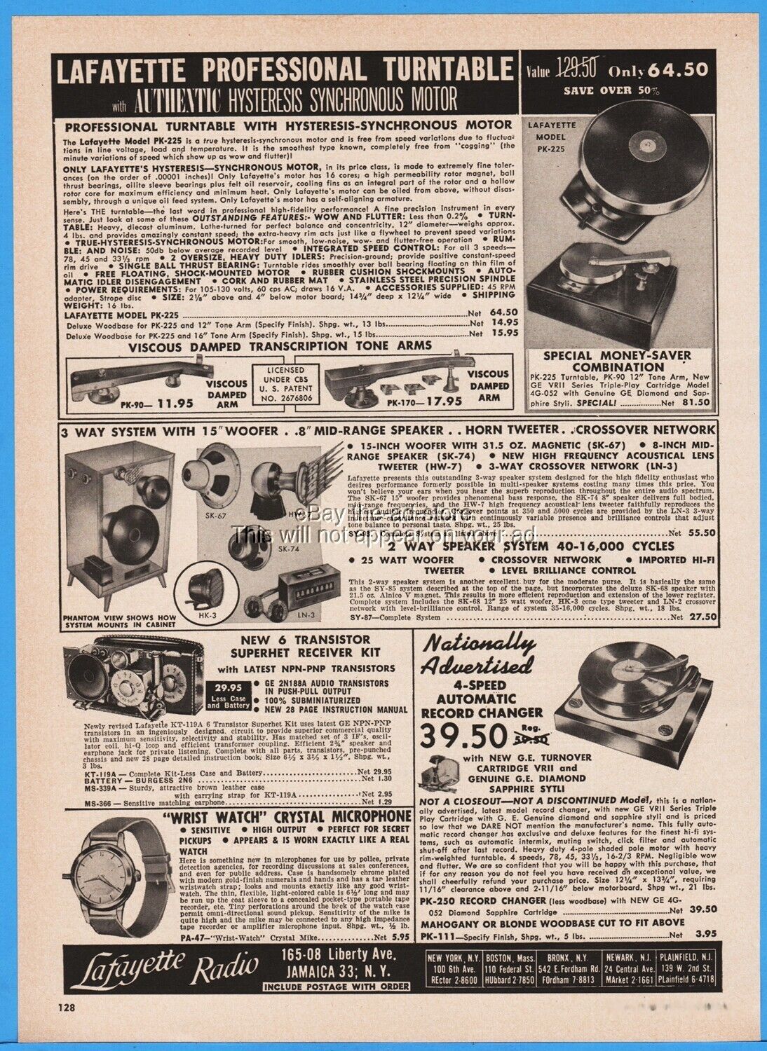 1958 Lafayette Radio Electronics Jamaica NY Stereo Hi-Fi Speakers Turntable Ad