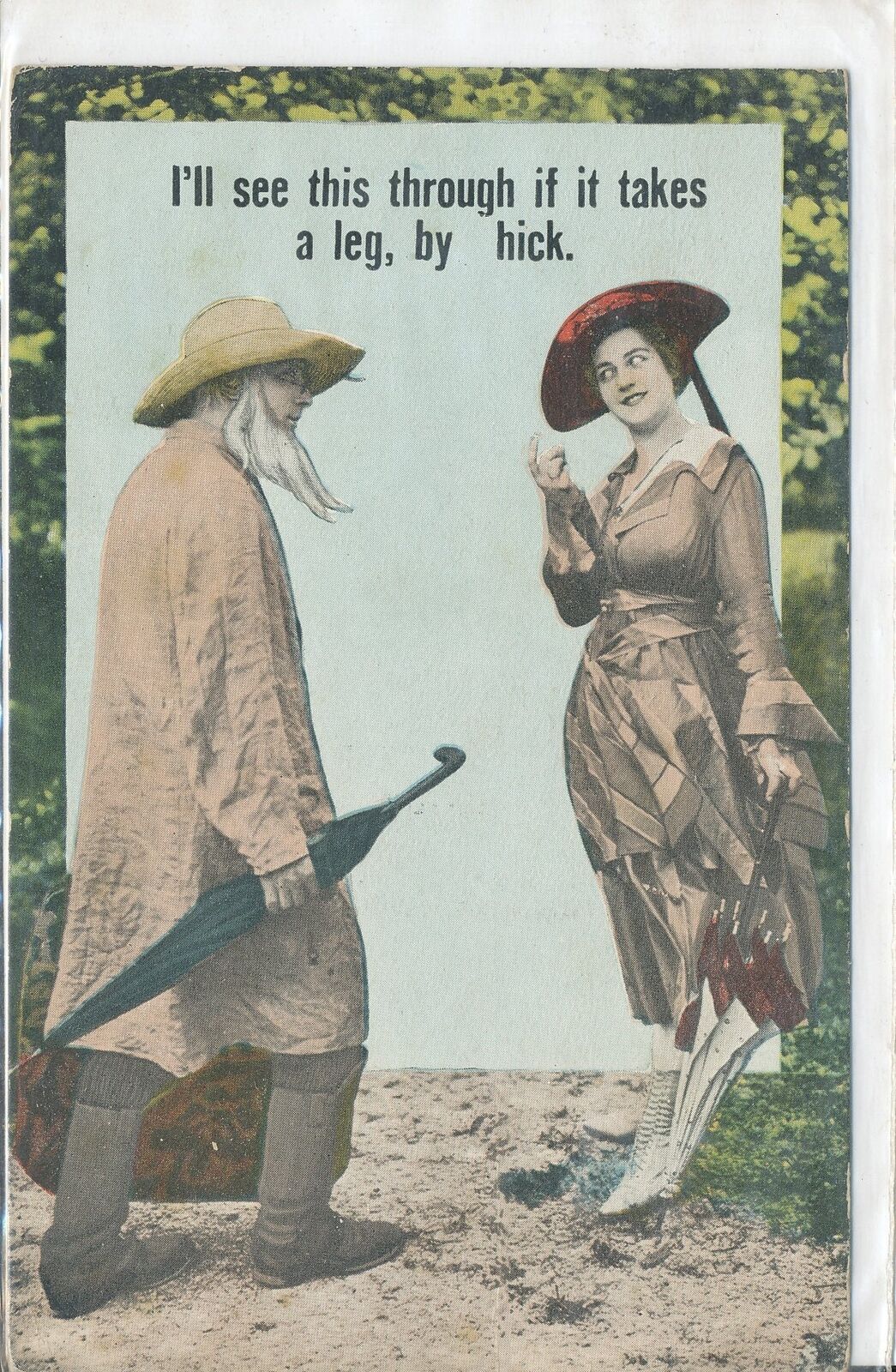 MAN & WOMAN AT THE SHORE WITH UMBRELLAS 1919 postcard