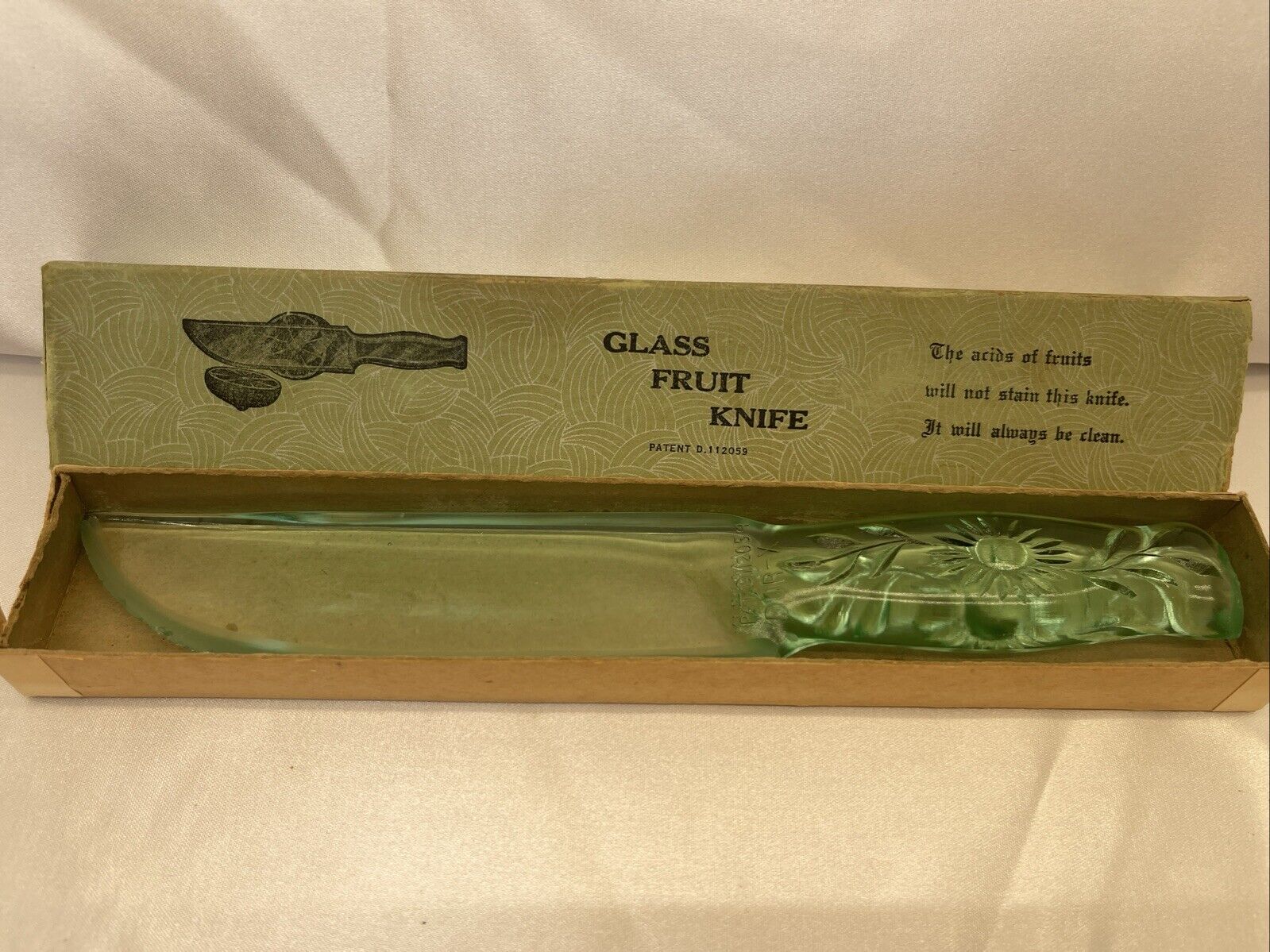 RARE UNIQUE Vintage DUR-X Fruit And Cake Knife URANIUM GLASS w/Original Box  USA
