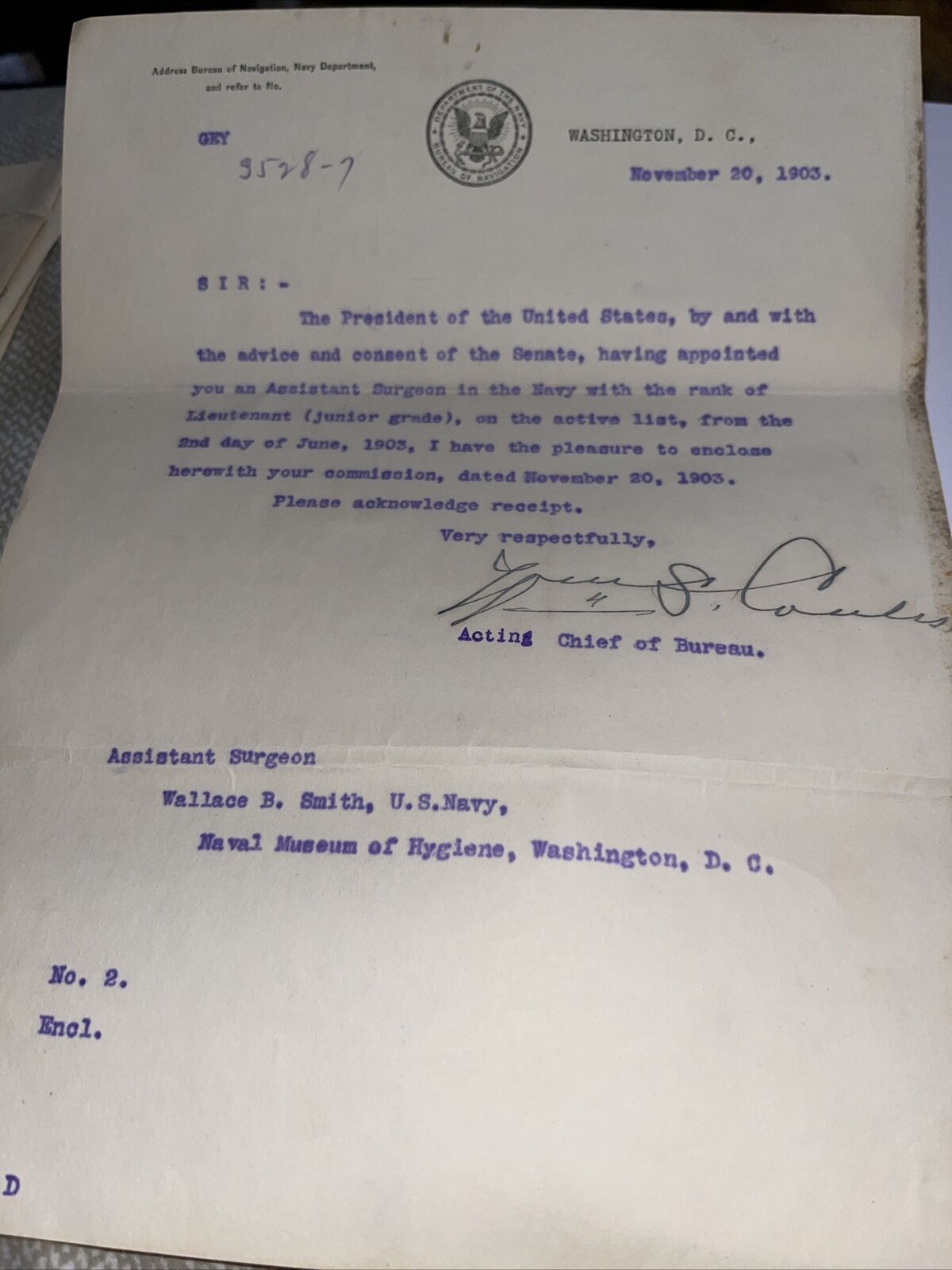 Antique 1903 Letter Announces Presidential Appointment of Assistant Surgeon LT
