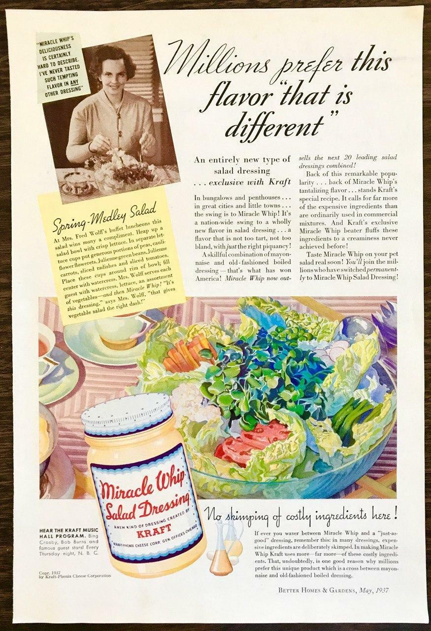 1937 Kraft Miracle Whip Dressing PRINT AD Mrs Fred Wolff\'s Spring Medley Salad