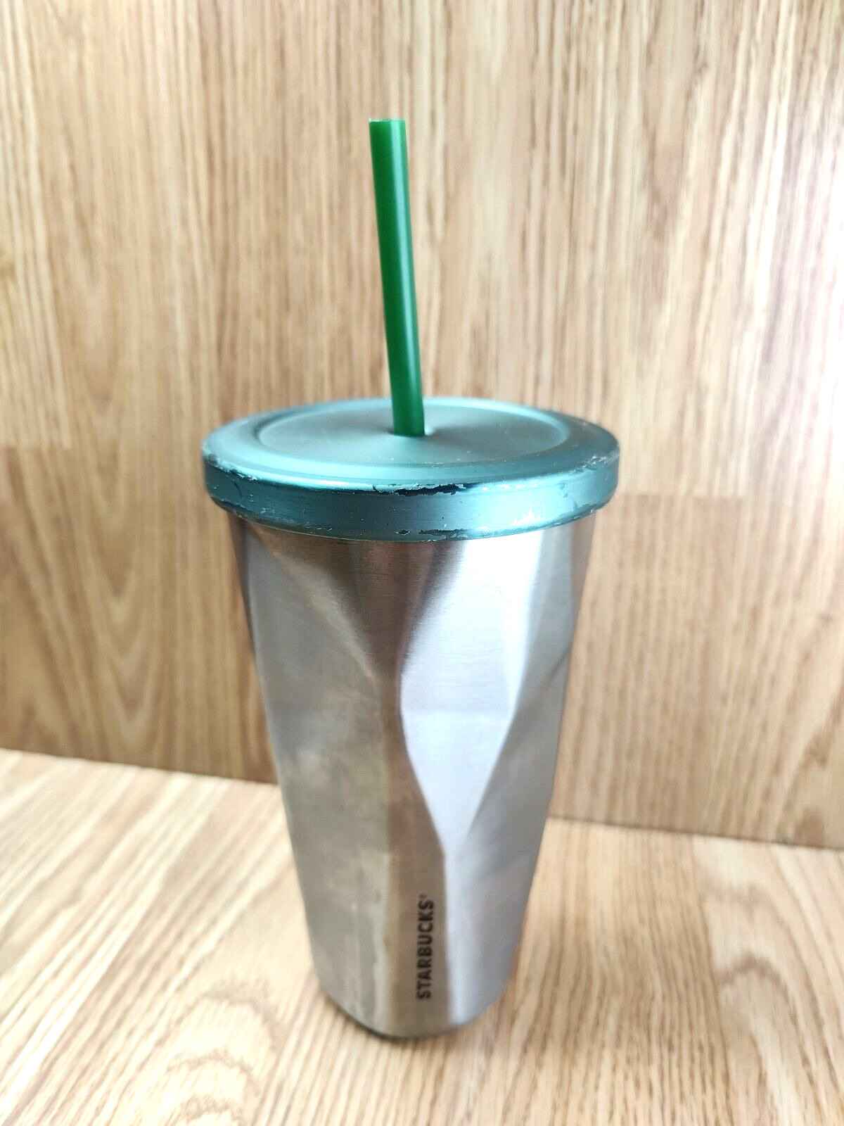Starbucks 2012 Chiseled Metal Travel Mug Cold Beverage With lid and straw