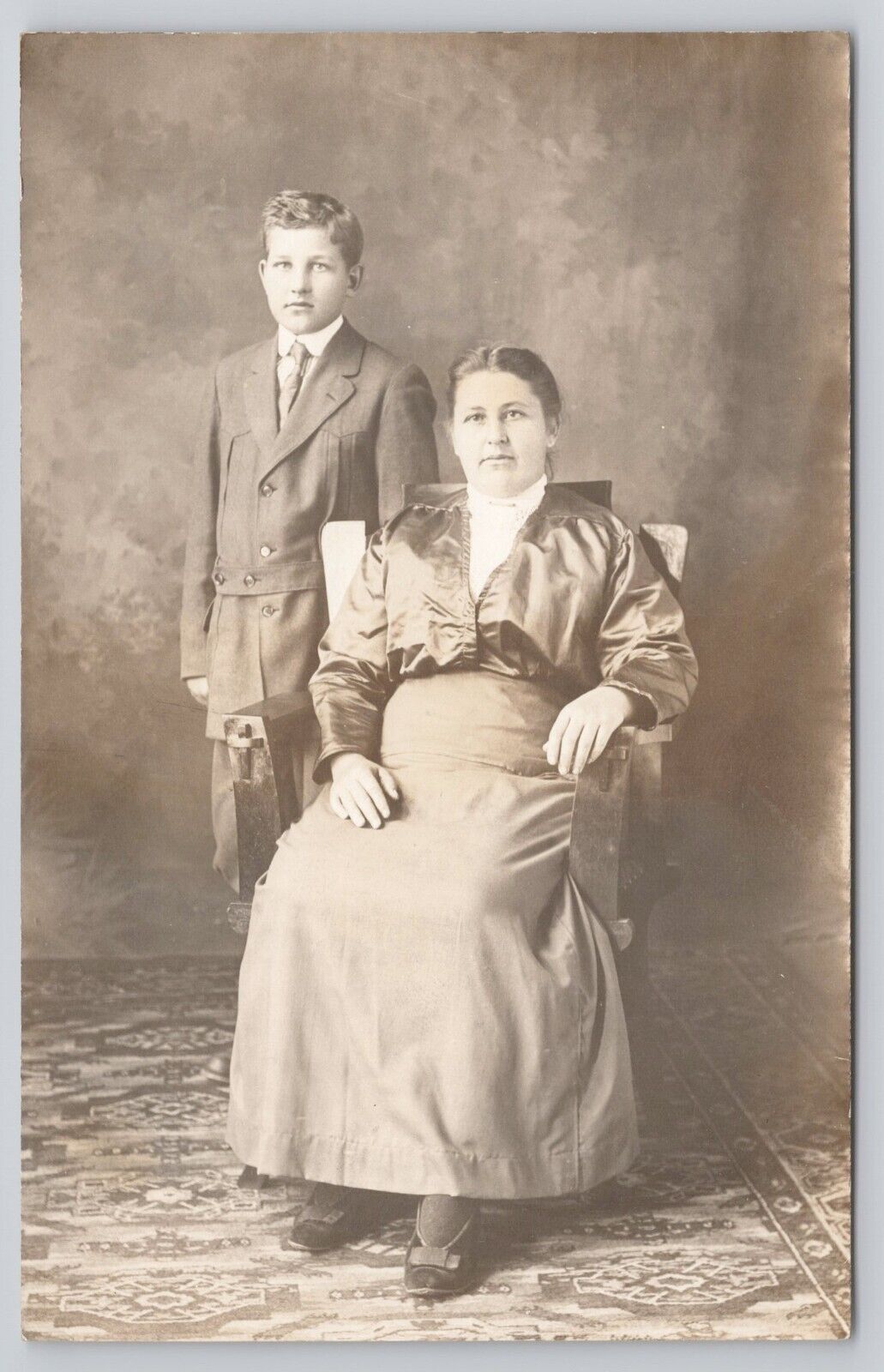 Woman Long V-Neck Dress Sitting with Son in Suit Coat c1904-1918 RPPC Postcard
