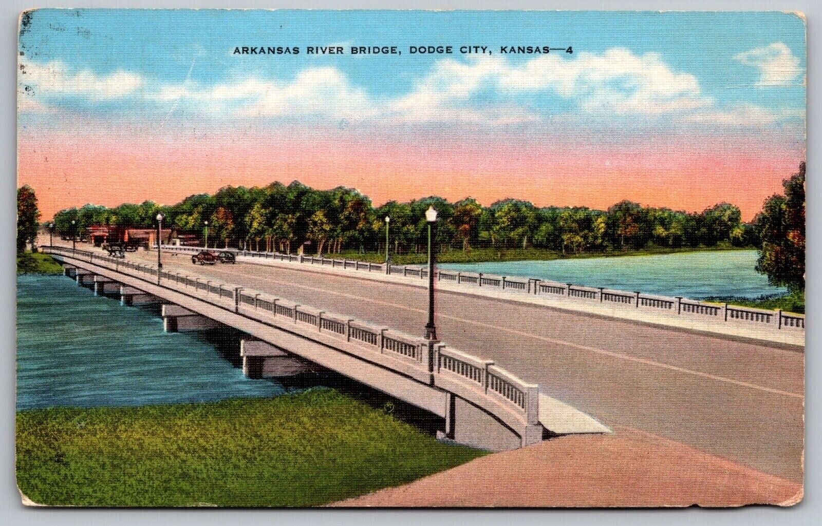 Arkansas River Bridge Dodge City Kansas Street View Old Car Vintage UNP Postcard
