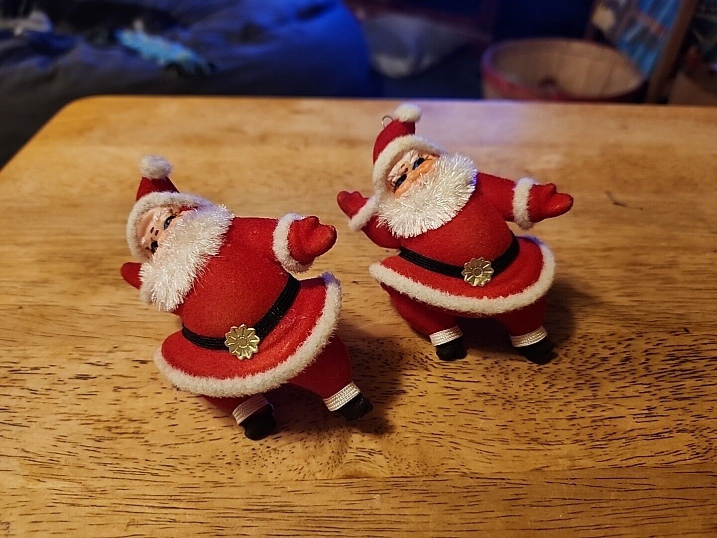 Vintage Pair of Dancing Santa Claus Blow Mold Ornaments
