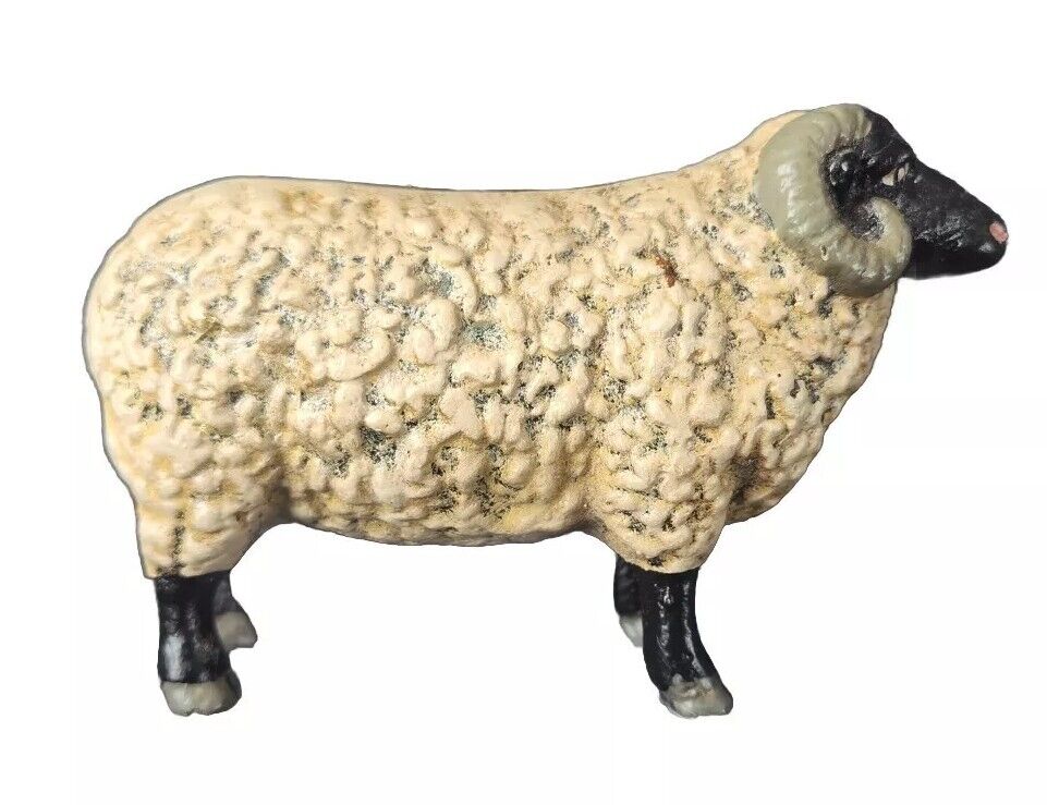Vintage Cast Iron Hand Painted Farm Animal Ram Sheep Horn Sheep Figurine Heavy