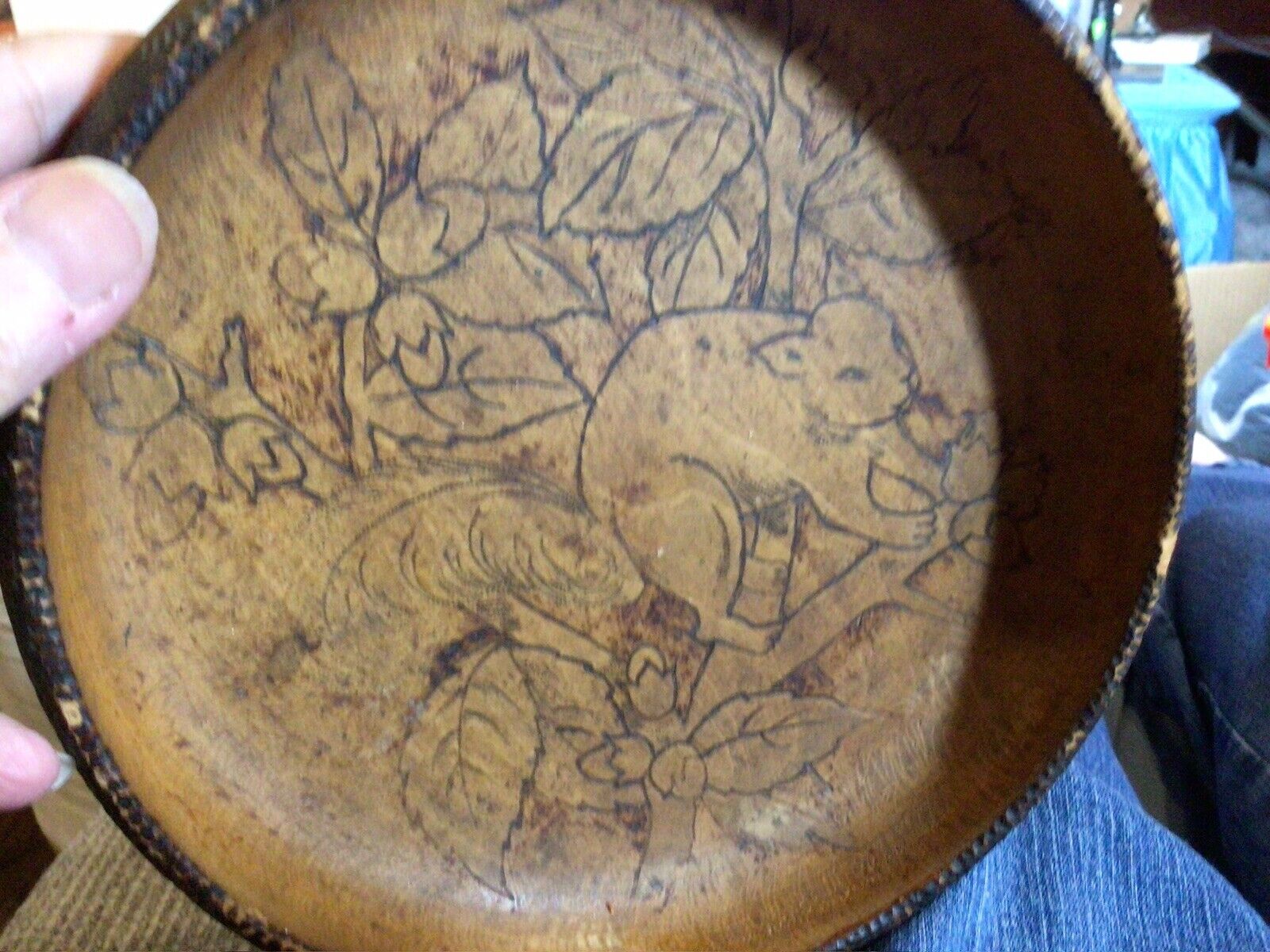 Antique Wood Pyrography Bowl.Signed”A.W. Dec. 1902.Comes W/2 Nutcrackers&3 Picks