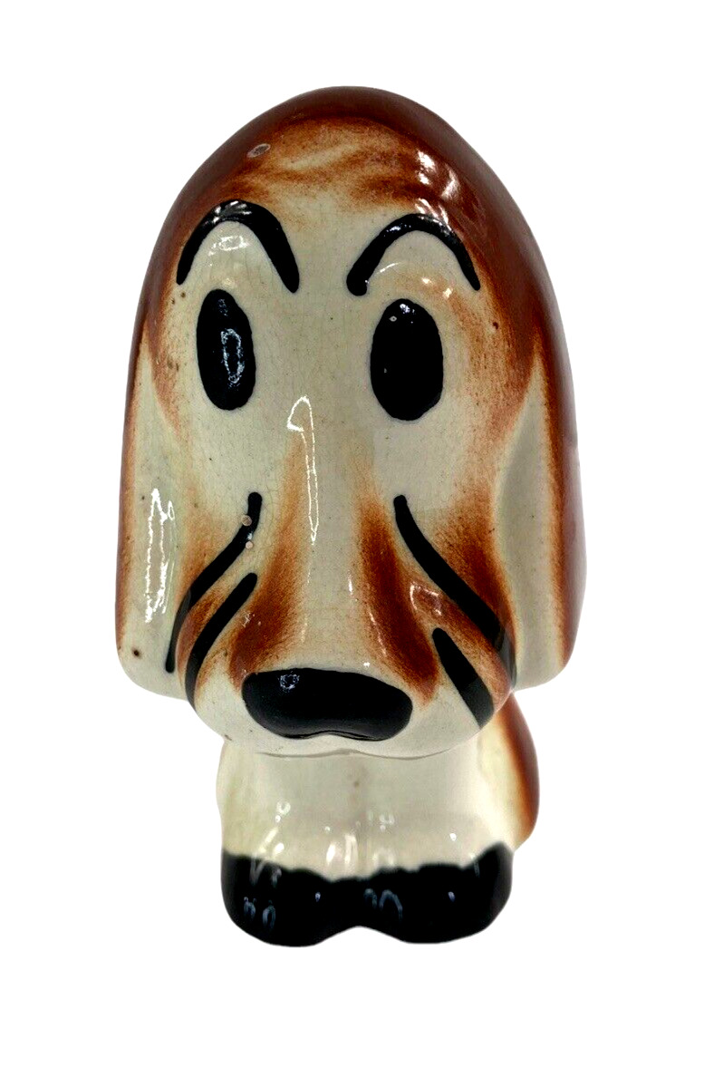 Vintage Ceramic Dog Puppy Figurine Sad Eyed Bassett Hound 5 In. MCM Kitsch Decor