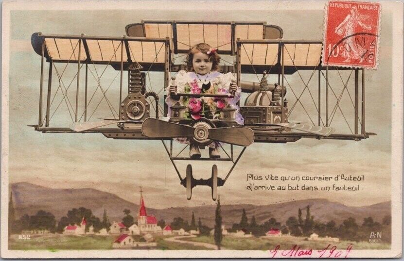 Vintage 1909 French RPPC Greetings Postcard Girl in Airplane - Colored Photo