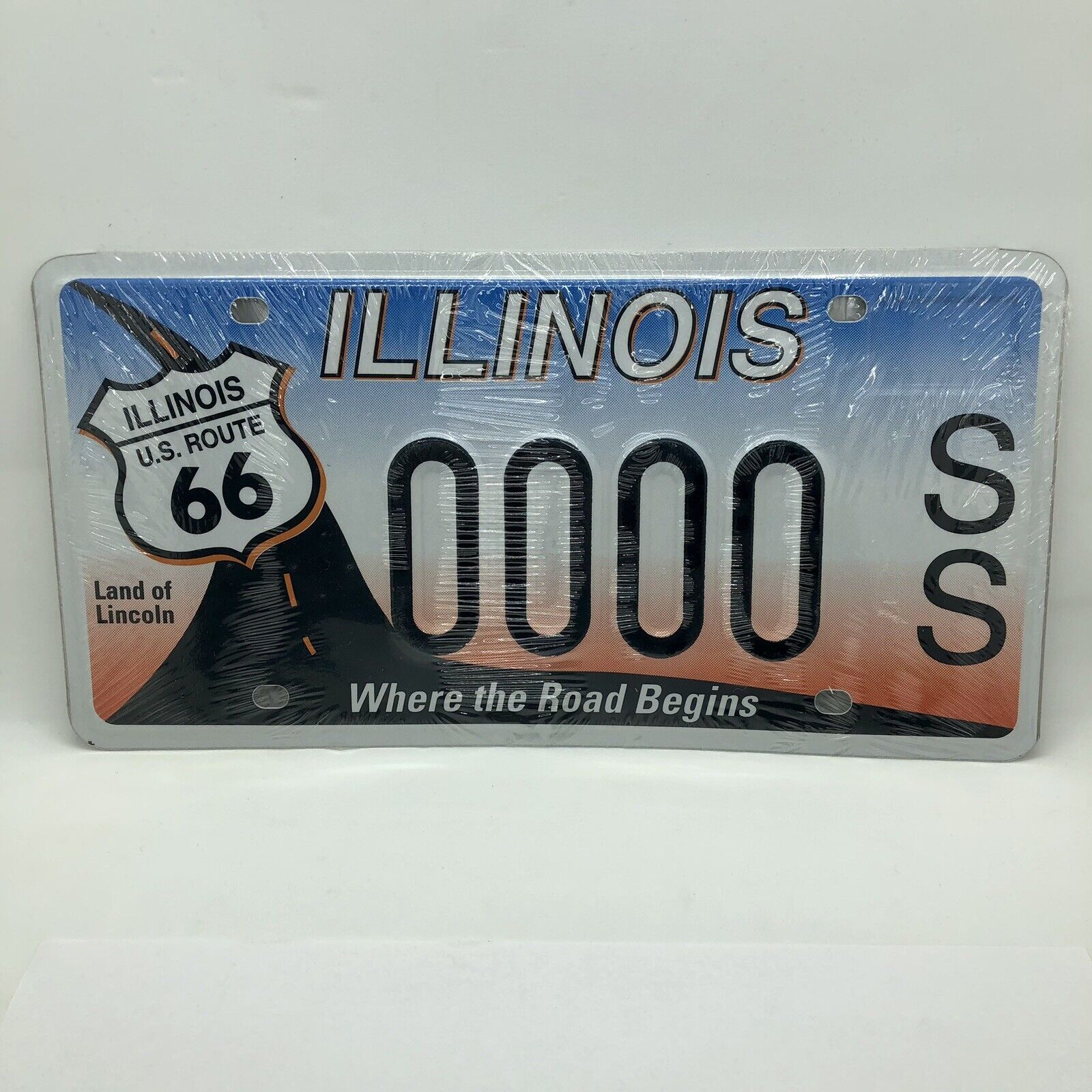 RARE ILLINOIS ROUTE 66 / WHERE THE ROAD BEGINS - SAMPLE LICENSE PLATE - 0000