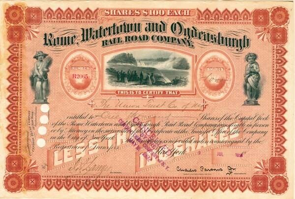 Rome, Watertown and Ogdensburgh Railroad Co. - Railway Stock Certificate - Railr