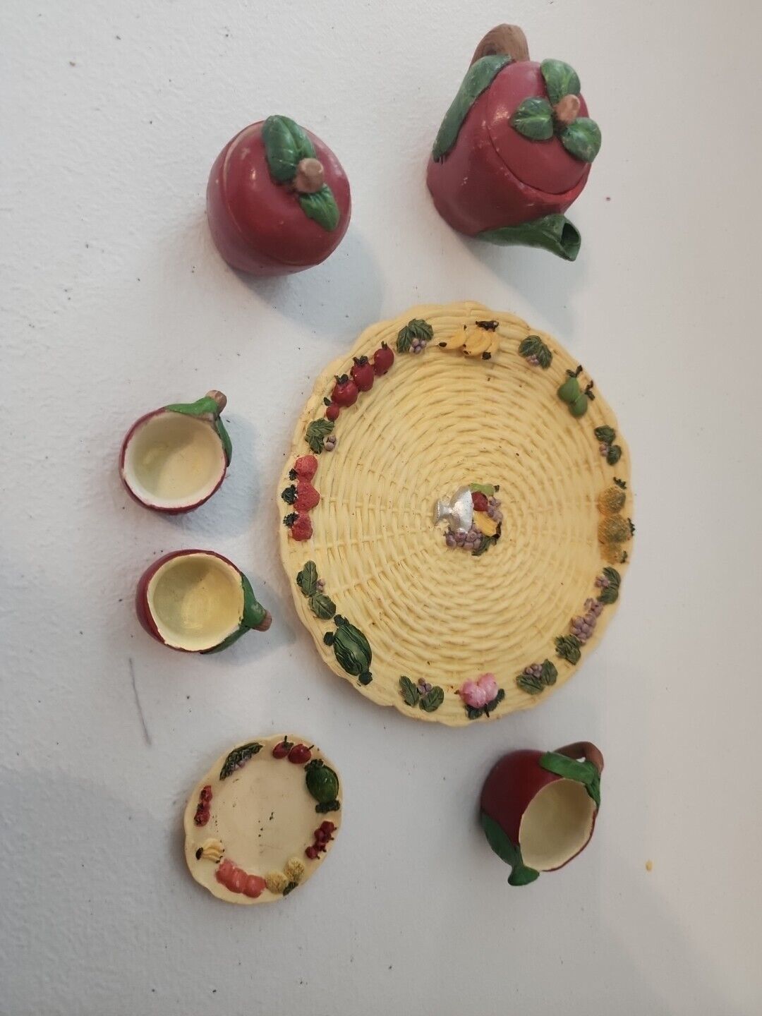Miniature Tea Party Set. Vintage~1995 Resin Colorful Apples 9pc