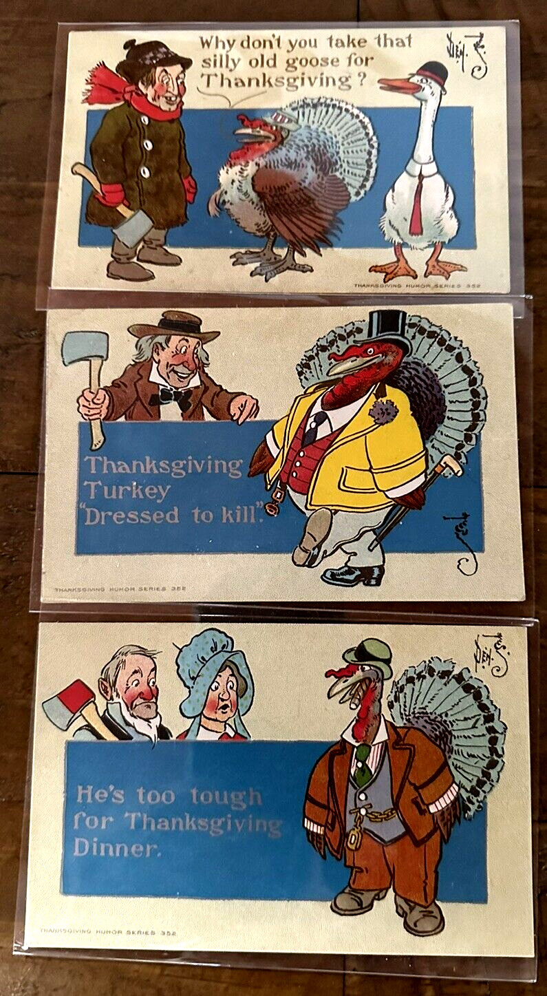 Lot of 3 A/s Denslow Comic~Thanksgiving Postcards~Dressed Turkeys~Hatchets~h862