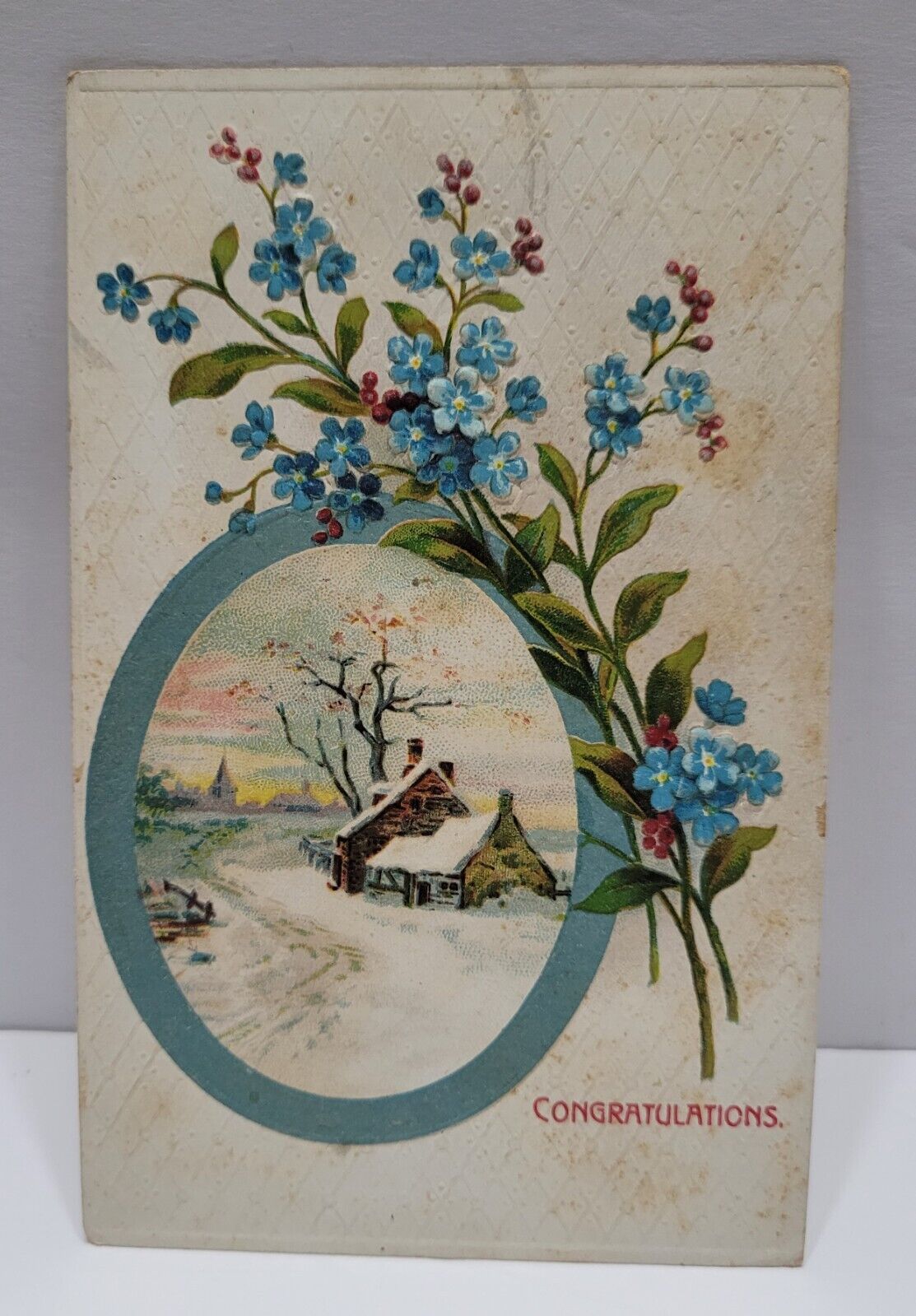 Vintage Used Postcard  Embossed Congratulations Card/Snowy Day, 100 Yrs Old.