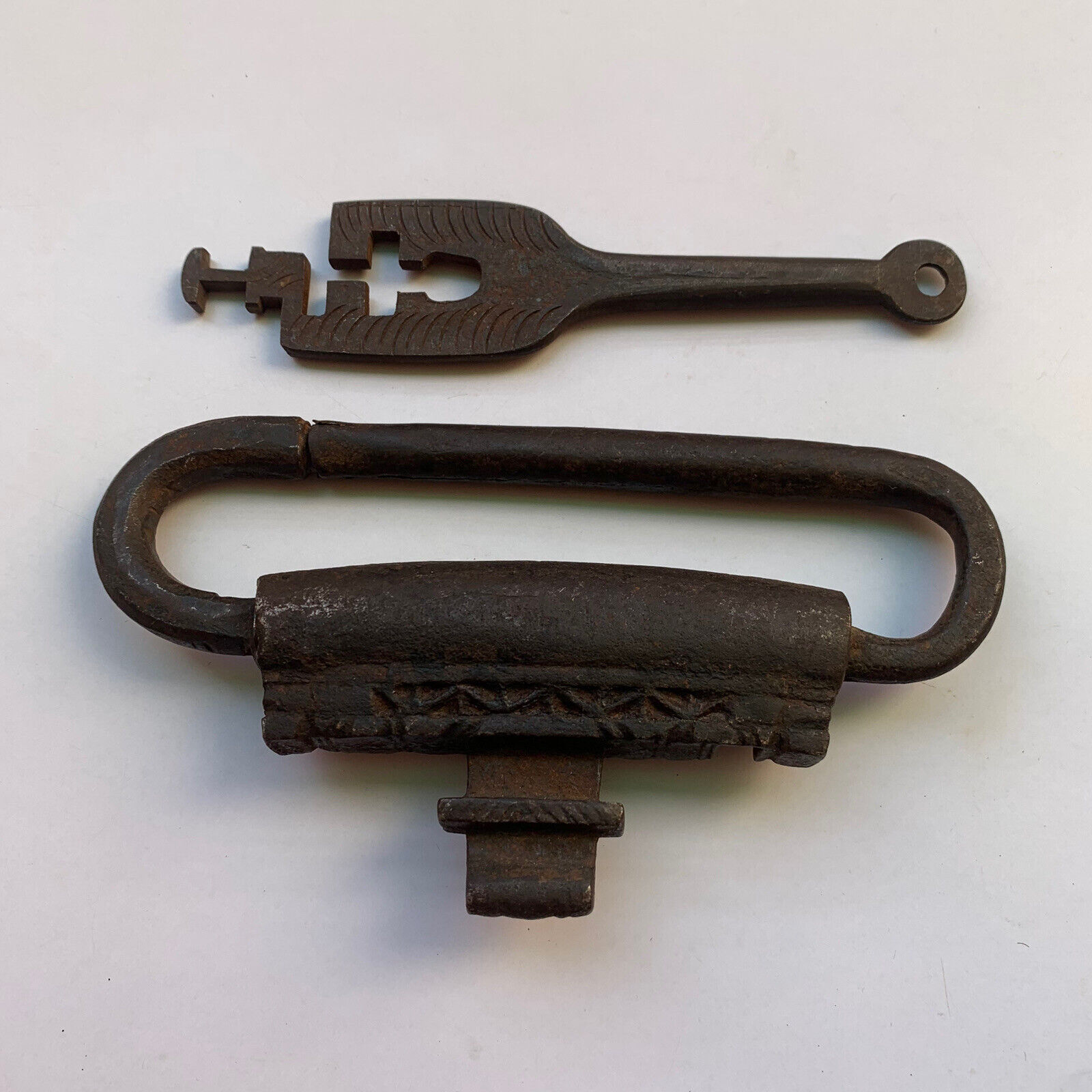 1850's Iron padlock or lock key TRICK or PUZZLE BARBED SPRING Old or antique.