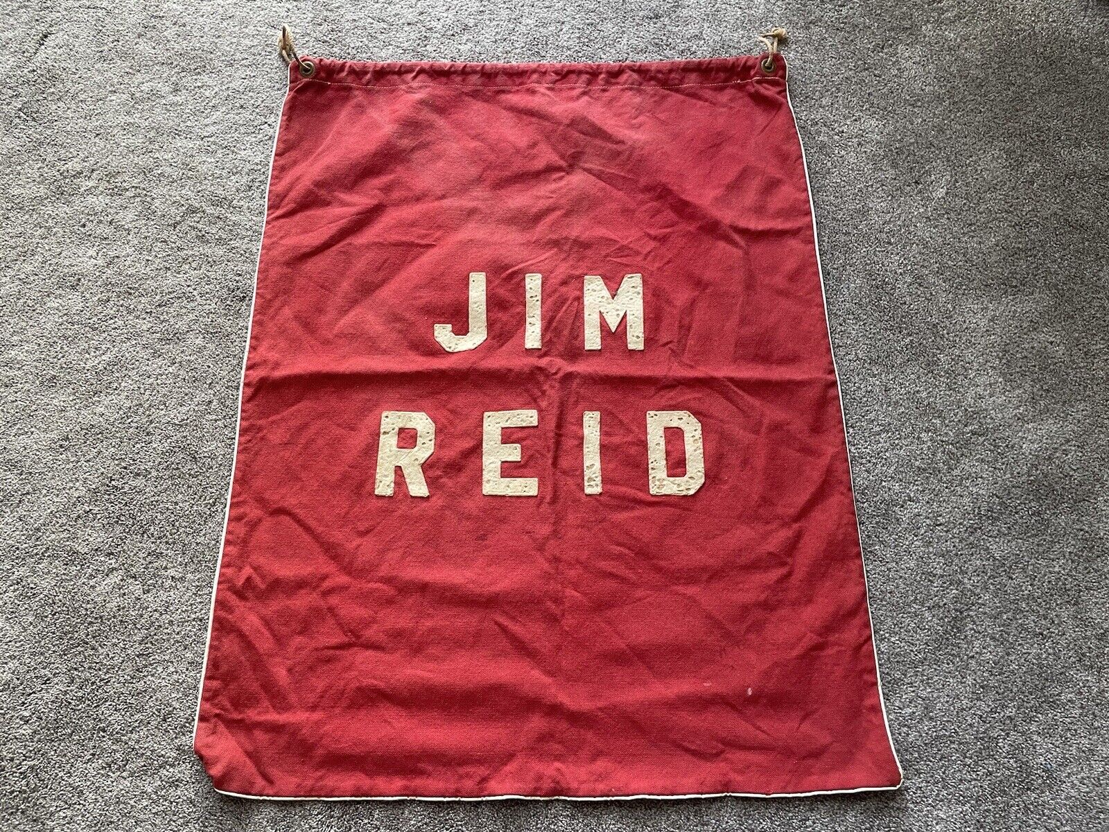 Vintage Canvas Grain Seed Sack Jim Reid Farming Red Drawstring Closure 27X34