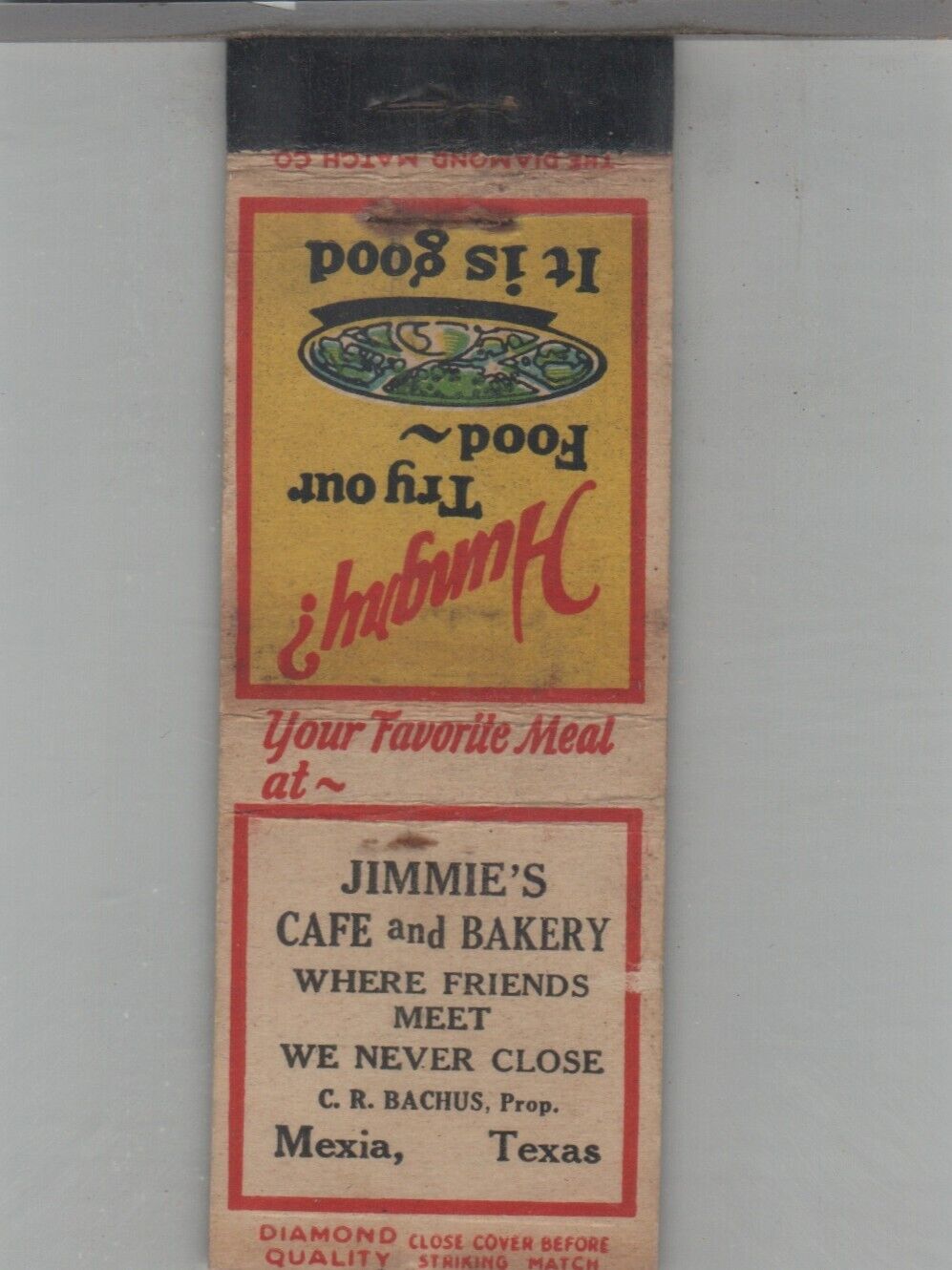 Matchbook Cover 1930s Diamond Quality Jimmie's Cafe & Bakery Mexia, TX