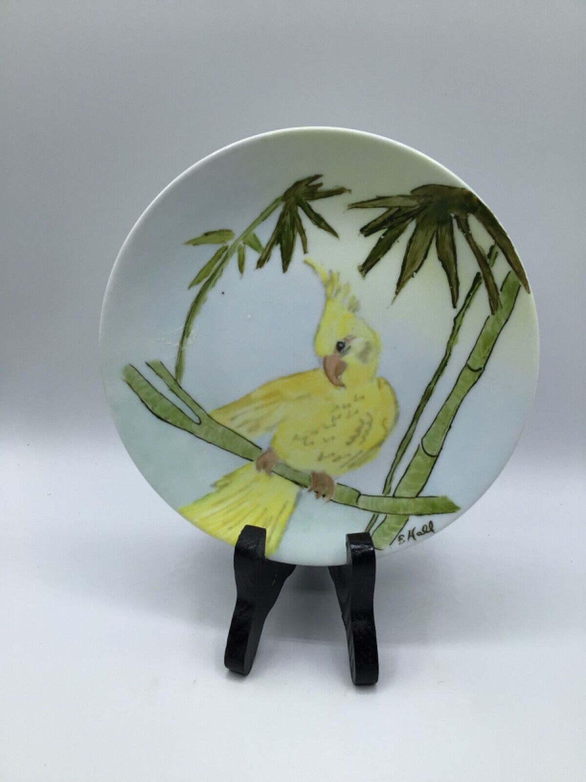 Vintage Hand Painted Porcelain Cabinet Plate Yellow Cockatiel by E. Hall 7”