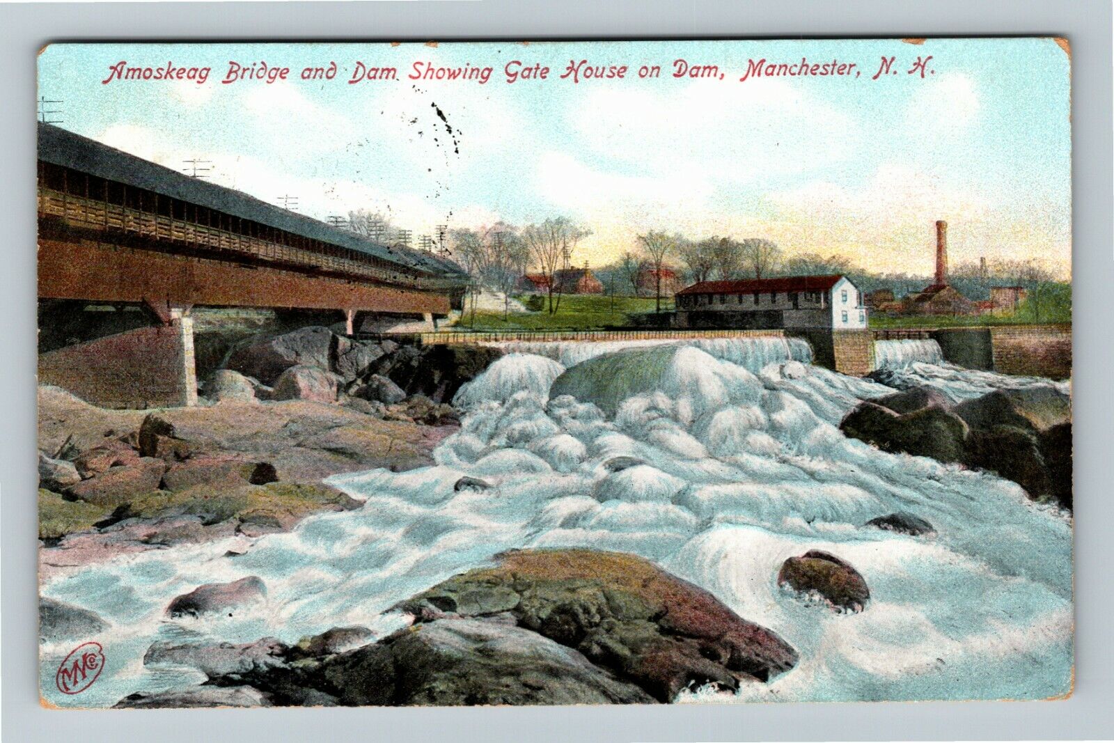 Manchester NH-New Hampshire, Amoskeag Bridge, Dam Water, c1957 Vintage Postcard