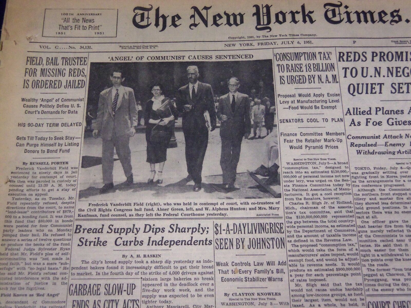 1951 JUL 6 NEW YORK TIMES FREDERICK VANDERBILT FIELD HELD IN CONTEMPT - NT 2027