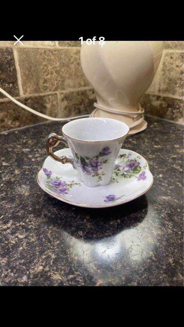 Vintage Purple Porcelain Floral Demitasse Cup And Saucer