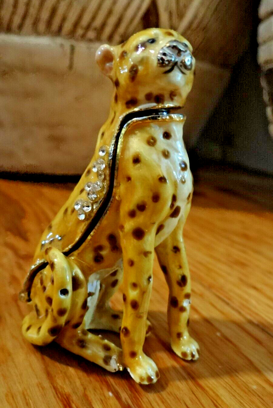 Collectible Enamel Cheetah With Rhinestones Trinket Box