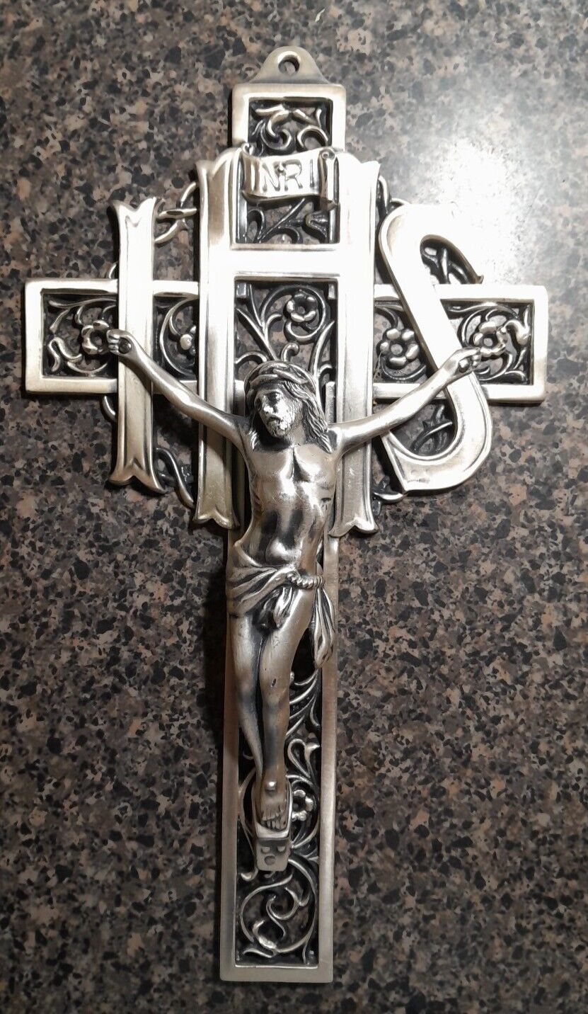 Vintage Silver Toned Medal Cross Ornate Catholic Wall Jesus Christ Crucifix 