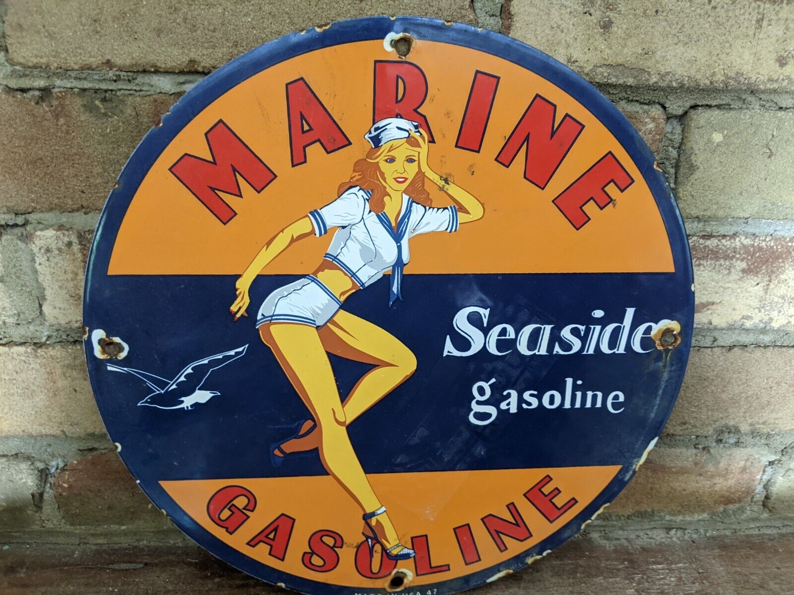 VINTAGE 1947 MARINE SEASIDE GASOLINE PORCELAIN GAS STATION PUMP SIGN 12