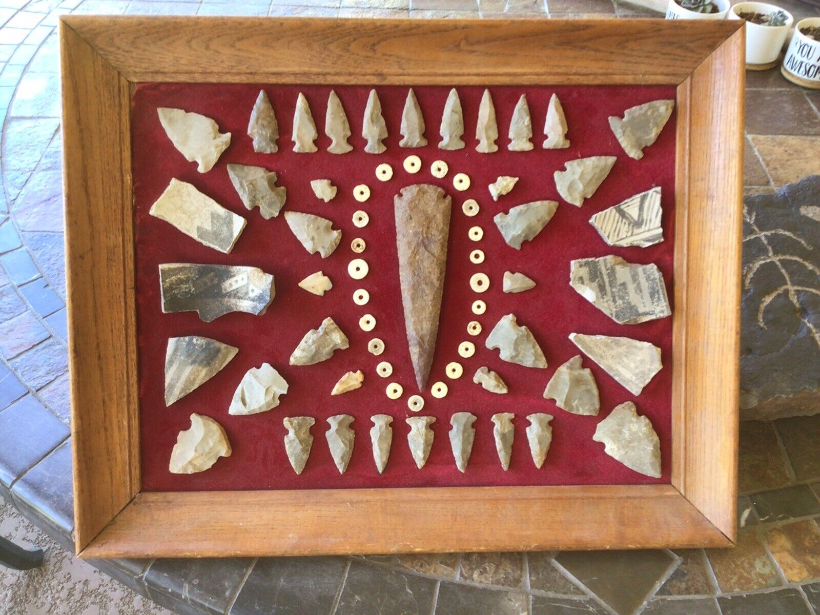Vintage Native American 19”x15” framed display arrowheads pottery shards & beads