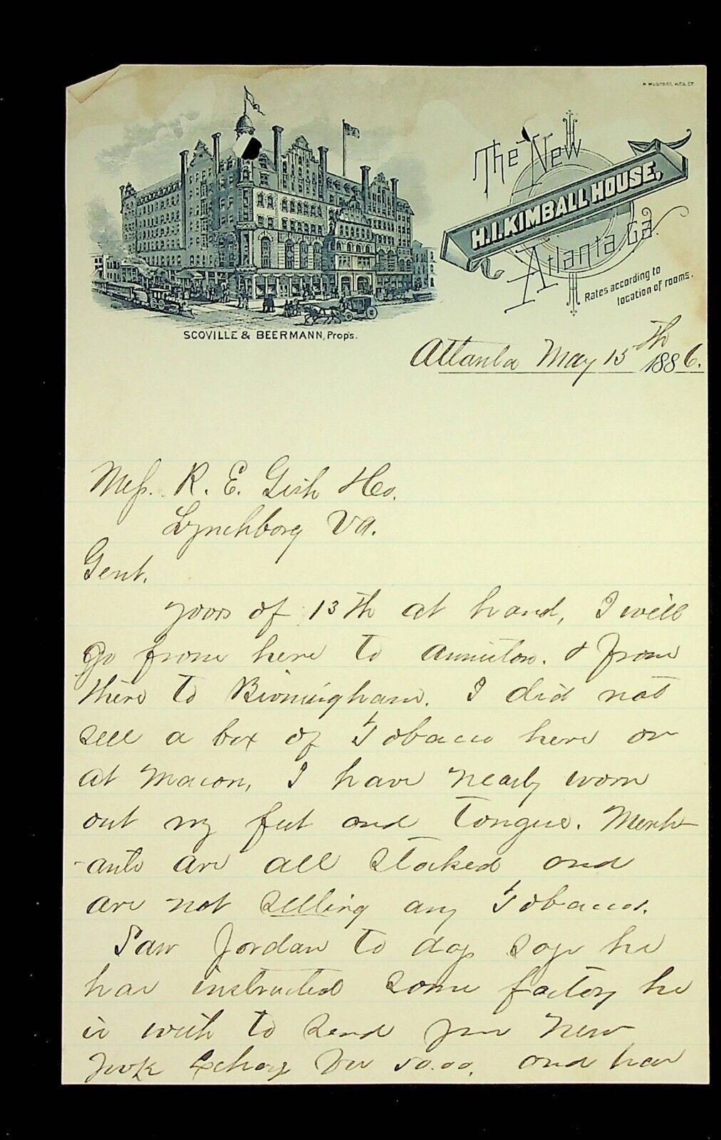 1886 Letter H.I. Kimball House Atlanta GA* R.E. Gish & Co Lynchburg VA C.P. Neal