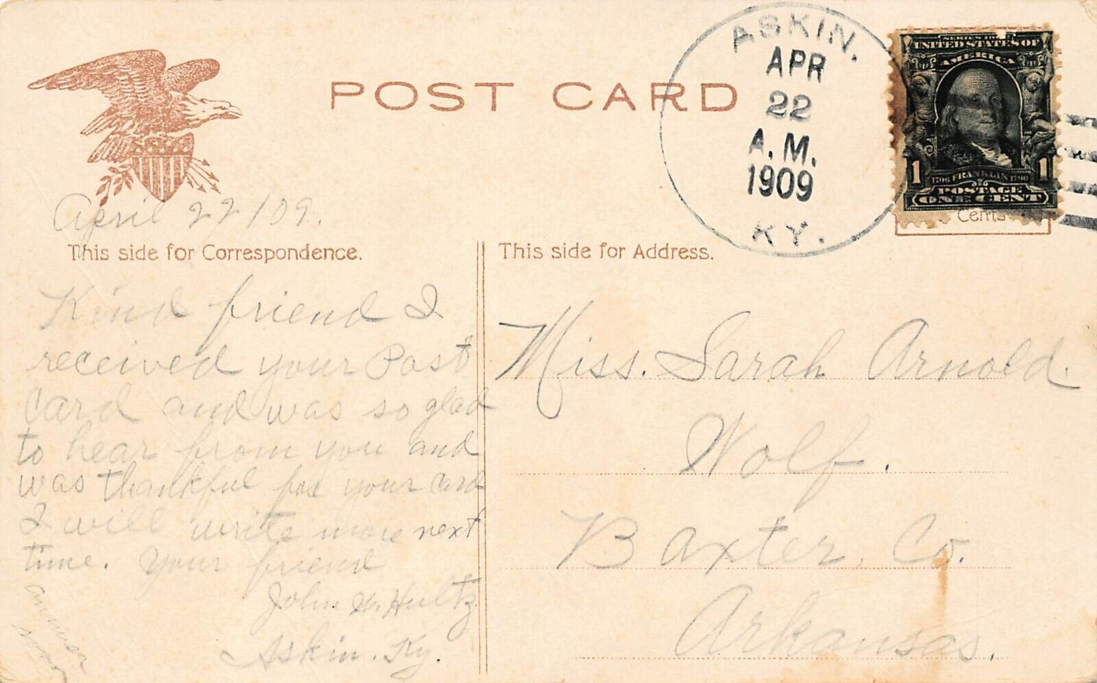 Askin KY Kentucky DPO Cancel Postal Stamp 1909 Ohio County Hultz Vtg Postcard V8