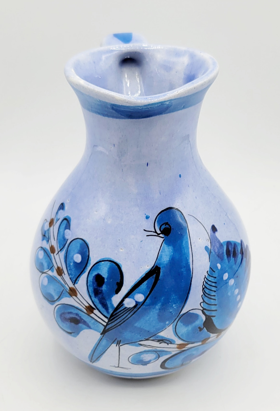 Vintage Tonala Mexico Handpainted Bird Pottery Blue Glaze Handled Pitcher Jug