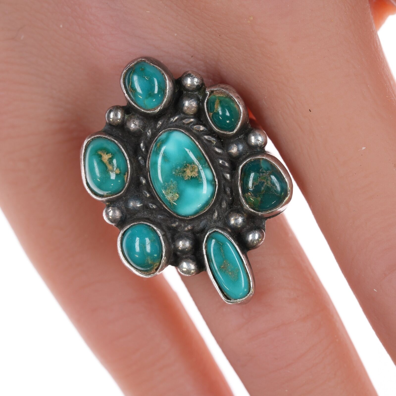 Sz7 Vintage Navajo high grade turquoise cluster ring