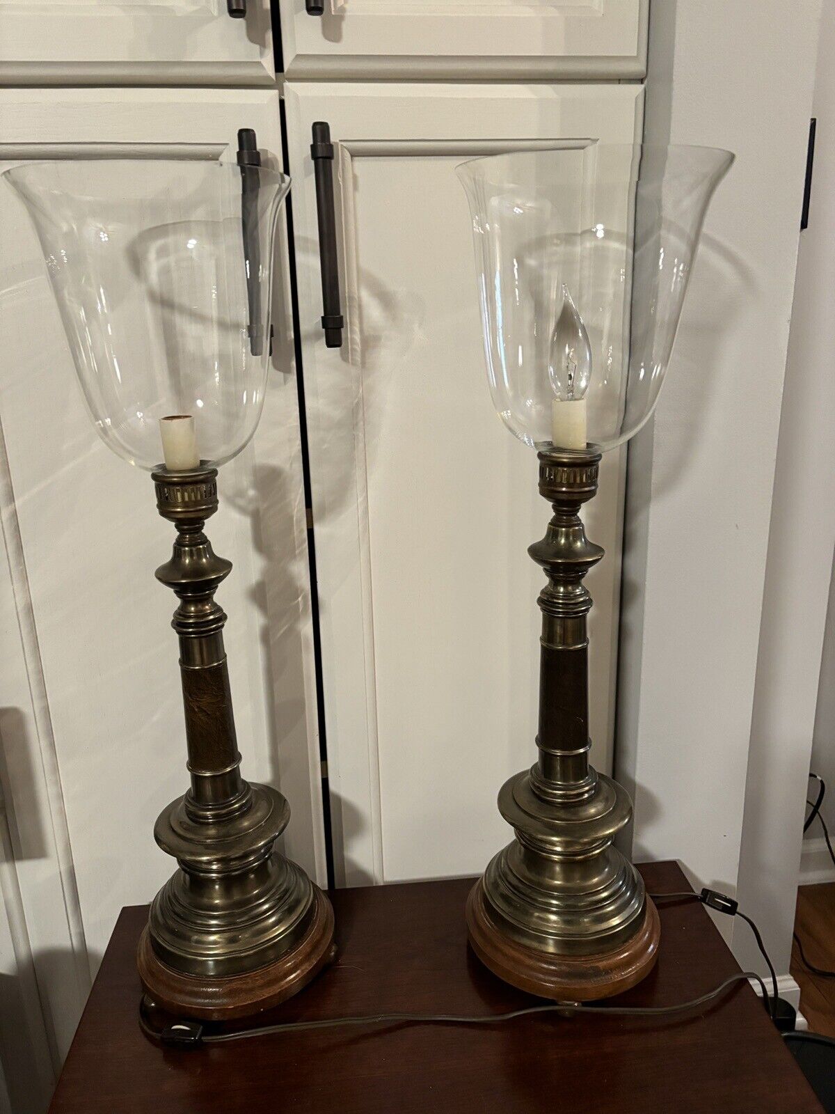 Pair Of Vintage Torchier  Brass Table Lamps Leather Trim Stiffel Style 25”