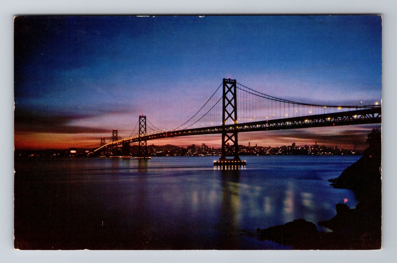 San Francisco CA-California, Bay Bridge at Night, Antique Vintage Postcard