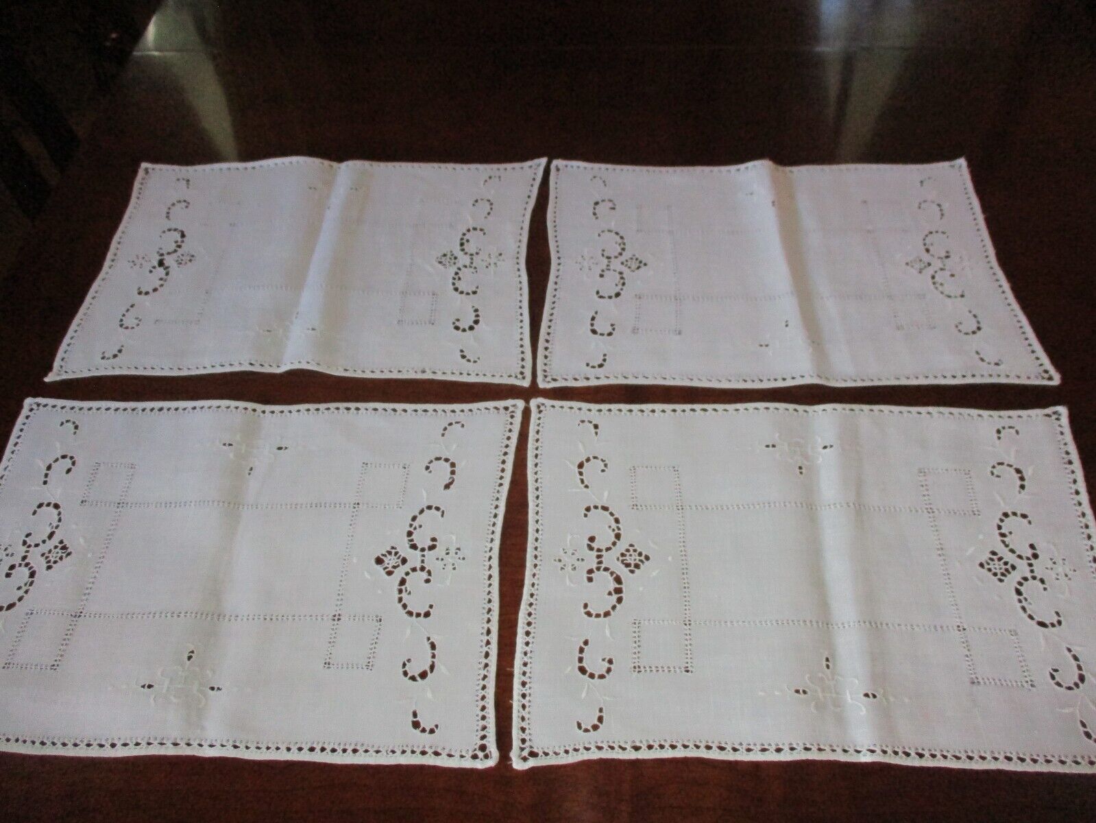 Vintage 4 white Madiera linen w/ cutwork and scrollwork placemats