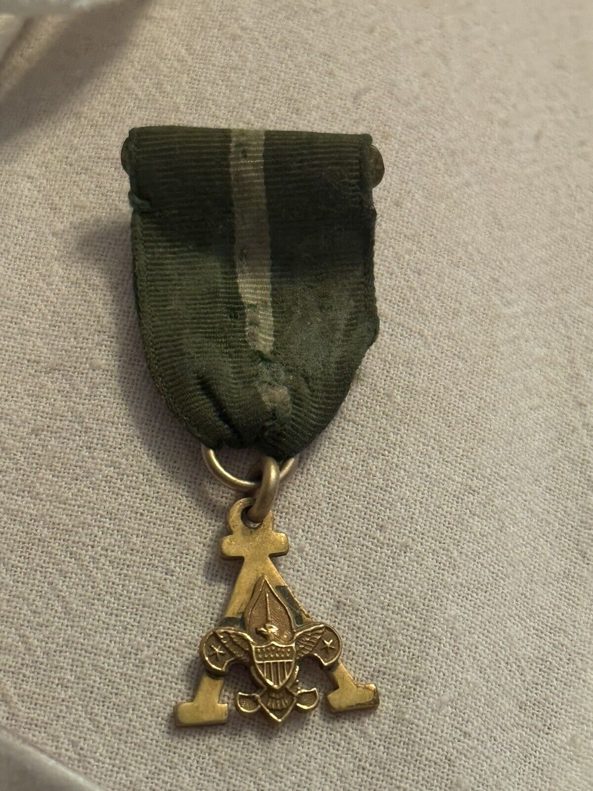 Vintage BSA Boy Scout Medal 1/20 10K GP Green Ribbon Eagle Fluer De Lis Pin