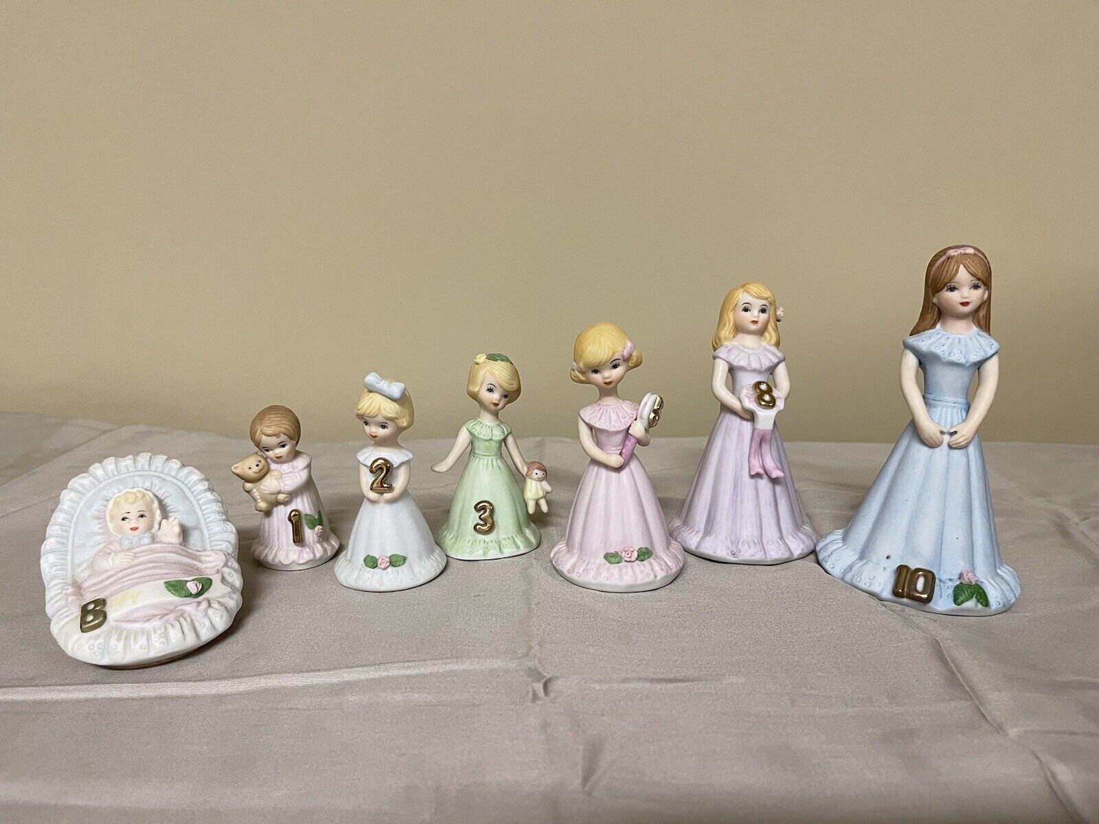 Enesco Growing Up Girls Birthday Figurines. Set of 7
