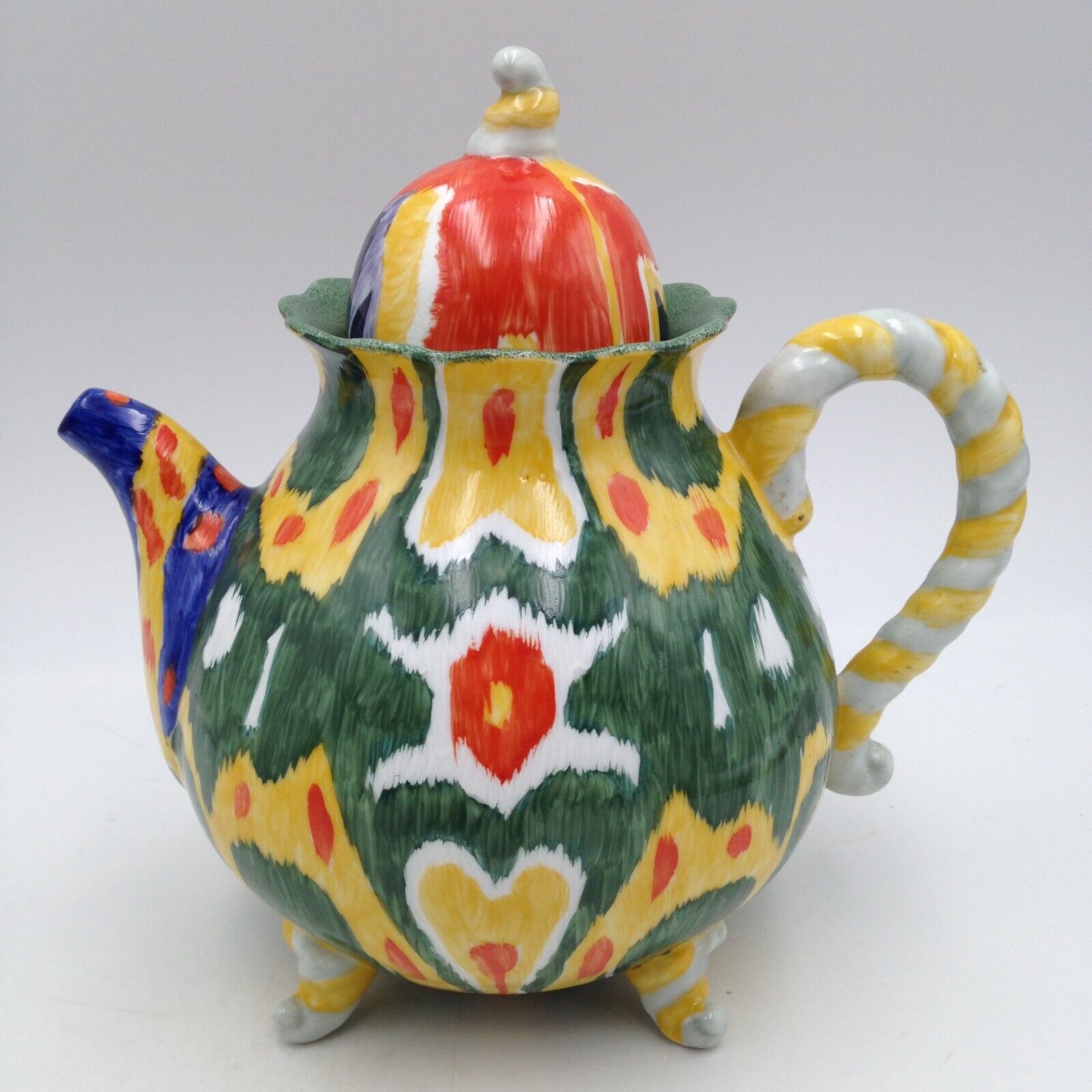 Anthropologie Whimsical Footed Teapot Colorful Kilim Pattern Twisted Handle