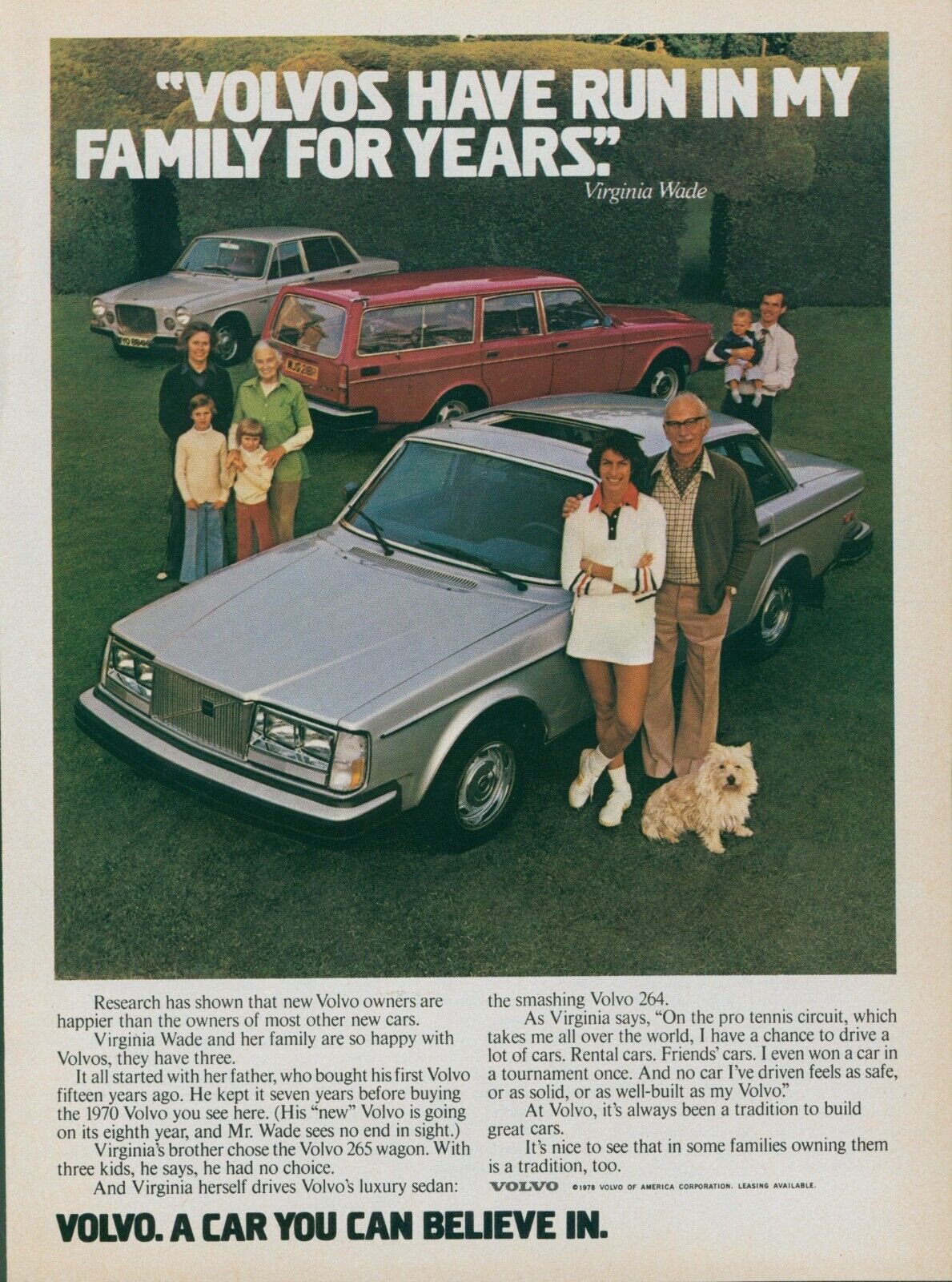 1978 Volvo 264 265 Virginia Wade Tennis Player Westie Terrier Vtg Print Ad SI2