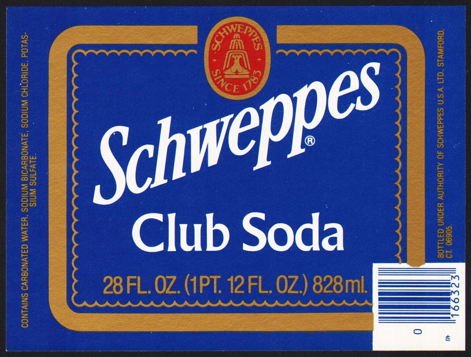 Vintage soda pop bottle label SCHWEPPES CLUB SODA 28oz size Stamford CT nrmt+