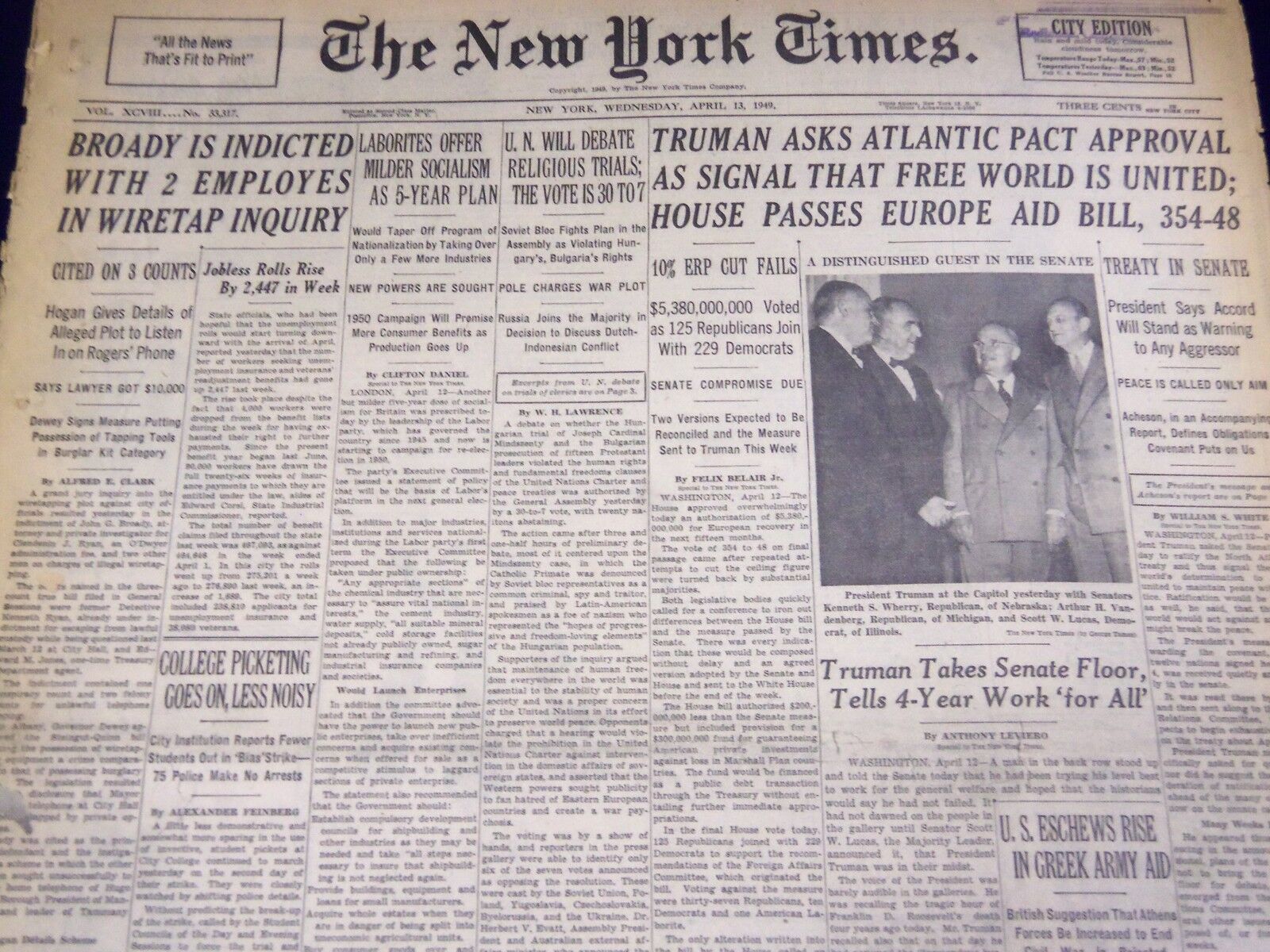 1949 APRIL 13 NEW YORK TIMES - BROADY INDICTED IN WIRE TAP INQUIRY - NT 2657