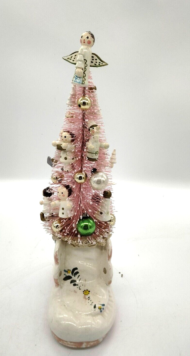 Vintage Decorated Christmas  BOTTLE BRUSH TREE in Baby Bootie Planter OOAK