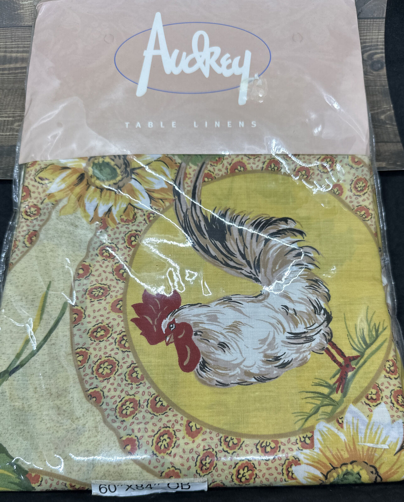 Vtg Audrey Table Linens Cloth 60”x84” Rooster Plate Design Retro Mod Sunflowers
